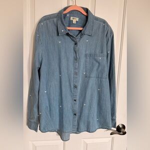Style & Co. Blue Denim Button Down Shirt with Heart Accents